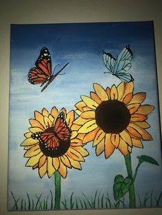 a painting of sunflowers and butterflies on a blue sky background with green grass