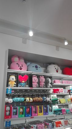 there are many stuffed animals on the shelves