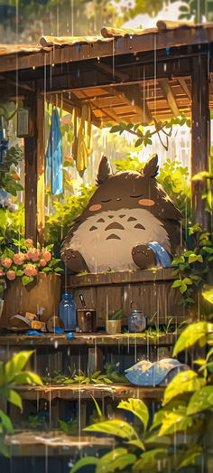 an animated image of a totoro in the rain with plants and flowers around it