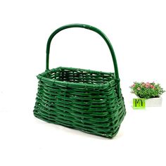 a green basket sitting next to a small potted plant