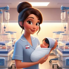 a cartoon character holding a baby in a hospital