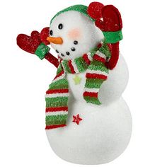 a snowman ornament with a green and red scarf