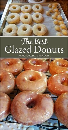 glazed doughnuts sitting on top of a cooling rack next to other donuts