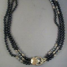 Onyx, Hematite And Sterling Silver Bead Leaf Pendant Three Strand Necklace 30" Length Weighs 12 Ounces Silver And Black Necklace, Sterling Silver Leaf Necklace, Three Strand Necklace, Beaded Leaf, Black Necklace, Silver Bead, Leaf Necklace, Leaf Pendant, Strand Necklace