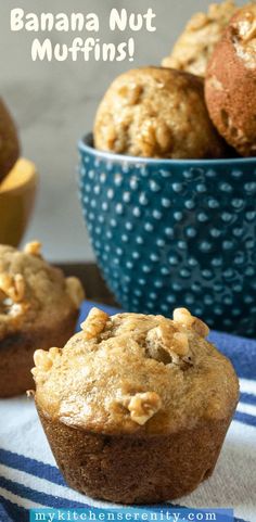 some banana nut muffins in a blue bowl