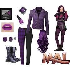 the costume is purple and black with accessories including boots, lipstick, hair, and makeup