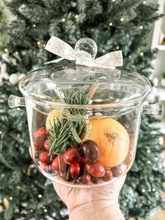 a person holding up a glass container filled with fruit and veggies in front of a christmas tree