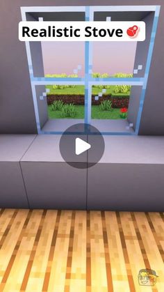 an animated video game with the words realistic stove in front of a couch and window