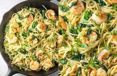 pasta with shrimp and spinach in a skillet