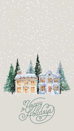 a christmas card with a house in the snow and trees on it's side