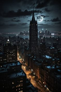 an aerial view of a city at night with the moon in the sky and buildings lit up