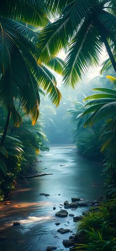 a river surrounded by palm trees in the middle of a forest with rocks and water