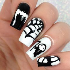 Tvd Nails, Boyfriend Nails, Practice Nails, Black And White Nail Designs, Holloween Nails, Halloween Acrylic, Nail Stencils