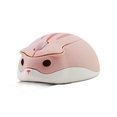 a pink and white mouse on a white surface