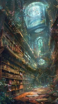 an artistic painting of a library with bookshelves and plants on the shelves in it