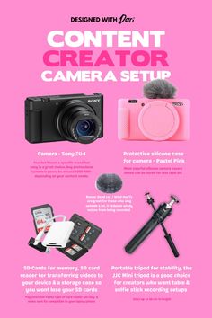 a pink poster with the words content creator, camera setup and other items on it