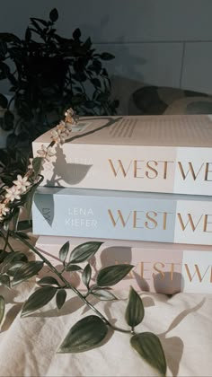 three books sitting on top of each other next to a plant