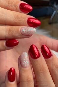 red chrome nails with glitter Power Polish Nails, Red Chrome And Glitter Nails, New Years Red Nails, Red Nails With One Glitter Nail, Red Sparkle Nail Designs, Red Chrome Dip Nails, Red Chrome Nails Designs Valentines, Red Glitter Valentine Nails, Red And Sparkle Nails