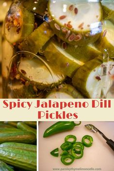 spicy jalapeno dill pickles in a jar with the title above it