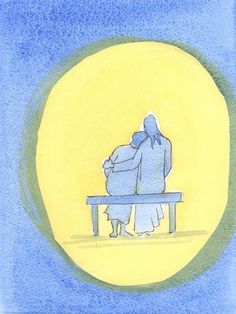 two people sitting on a bench in front of a yellow and blue background with the moon behind them