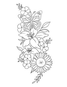 a drawing of flowers and butterflies on a white background