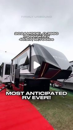 an rv parked on top of a red carpet in front of a trailer with the caption most anticipated rv ever