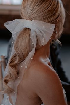 the back of a bride's head wearing a veil with pearls and beads on it