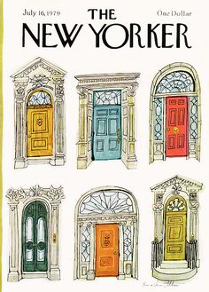 an advertisement for the new yorker with doors and arched doorways in different colors