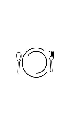 a black and white drawing of a plate with utensils next to it on a white background