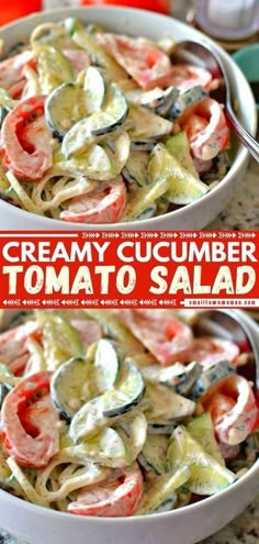 creamy cucumber tomato salad in two white bowls