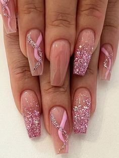 Pink Glitter Nails, Pink Acrylic Nails, Prom Nails, Short Acrylic Nails, Gold Nails, Acrylic Nail Designs, Nail Manicure