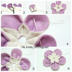 instructions to make felt flower hair clips in purple and white colors, including the petals