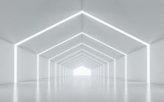 an empty room with white walls and ceiling beams in the center is lit by neon lights