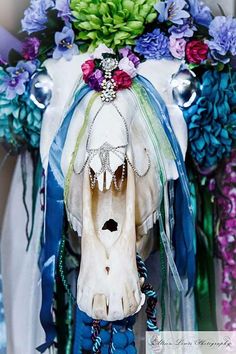 an animal skull with flowers on it's head is surrounded by blue, purple and green ribbons