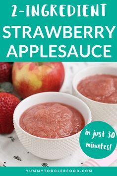 two small bowls filled with strawberry applesauce on top of a table