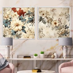 two floral paintings on the wall in a living room