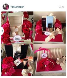 several pictures of different boxes with flowers and items in them, including perfume bottles, watch, bracelets