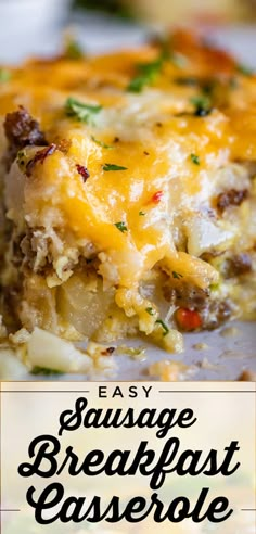 an easy sausage breakfast casserole with cheese on top and the title overlay reads, easy sausage breakfast casserole