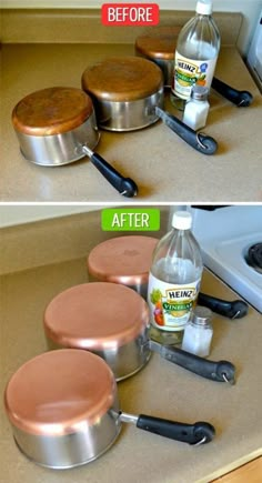 two pictures showing how to use an oven with baking pans on the stove top