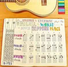 an open notebook with a guitar on top of it