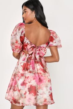 Pink Multi Floral Dress - Organza Babydoll Dress - Mini Dress - Lulus Floral Puffy Dress, Cute Pink Mini Dress With Tie Back, Pink Mini Dress For Holiday, Pink Puff Sleeve Dress With Tie Back, Pink Short Sleeve Dress With Tie Back, Short Sleeve Pink Dress With Tie Back, Modest Hoco Dresses, Sorority Dresses, Floral Dresses For Women