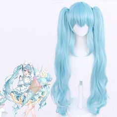 a wig with long blue hair is shown next to a white mannequin head