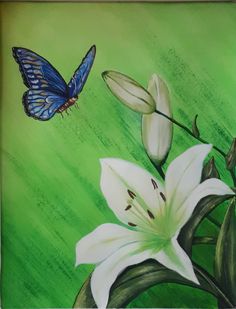 a painting of white flowers and a blue butterfly