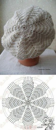 a white knitted hat sitting on top of a wooden headpiece next to an image of