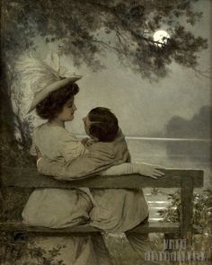 a painting of two women sitting on a bench