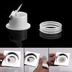 three pictures showing how to use a toilet paper dispenser for flushing the toilet