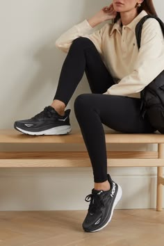 HOKA ONE ONE Clifton 9 mesh sneakers | NET-A-PORTER Running Shoe Outfits Women, Black Tennis Shoes Outfit Summer, Black Hokas Outfit, Platform Running Shoes, Black Hoka Shoes Outfit, Hoka Transport Outfit, Black Shoes Outfit Sneakers, Hoka Clifton 9 Outfit, Running Shoe Outfit