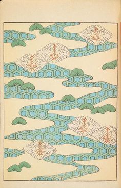 an old book with blue and green designs on the front cover is open to show mountains