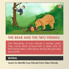 the bear and the two friends are talking to each other in front of a tree