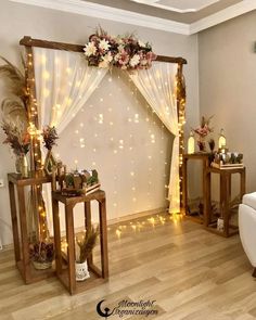 a living room decorated with lights and flowers